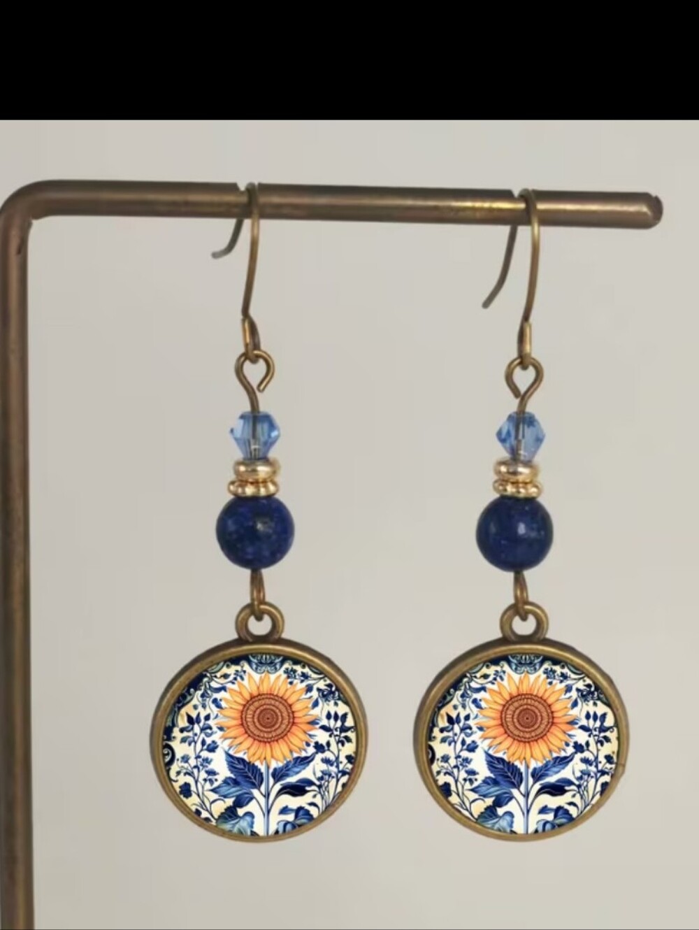 Sunflower Cabochon Earrings With Blue Beads
